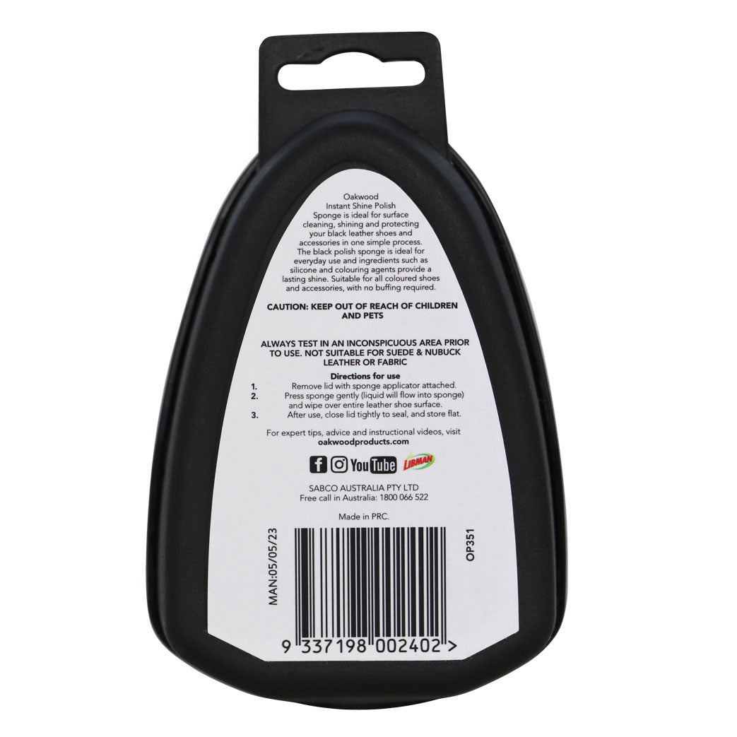 Back of Oakwood black instant-shine polish sponge packaging with directions