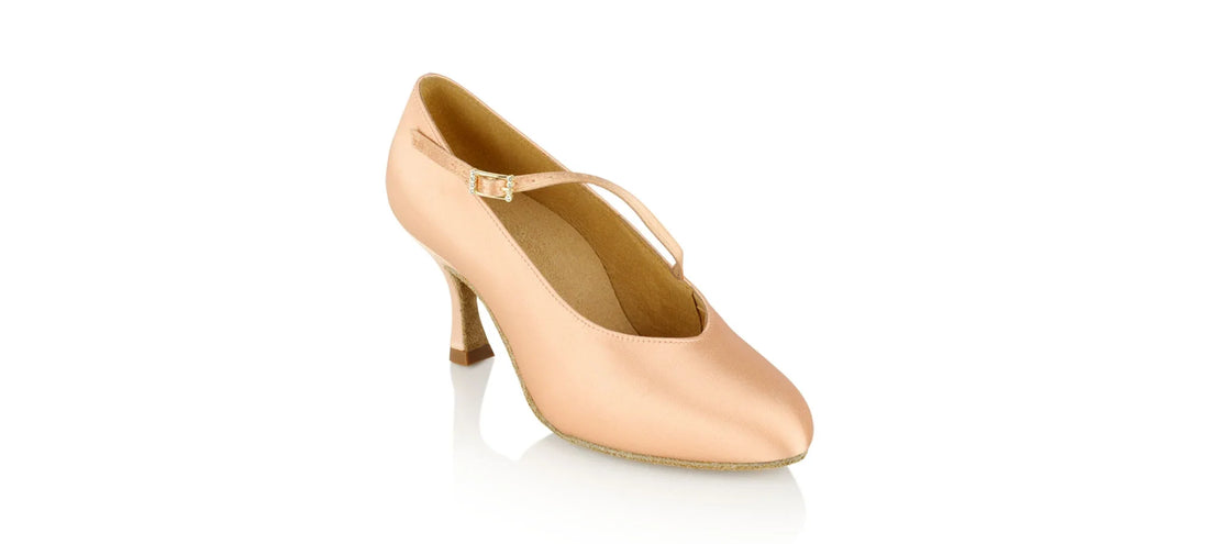 Ray Rose 116 Rockslide Light Flesh Satin Ballroom shoe, angled-front view on a wide white background