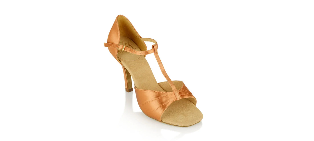 Ray Rose 814 Frost Light Tan Satin Latin sandal, angled-front view on a wide white background