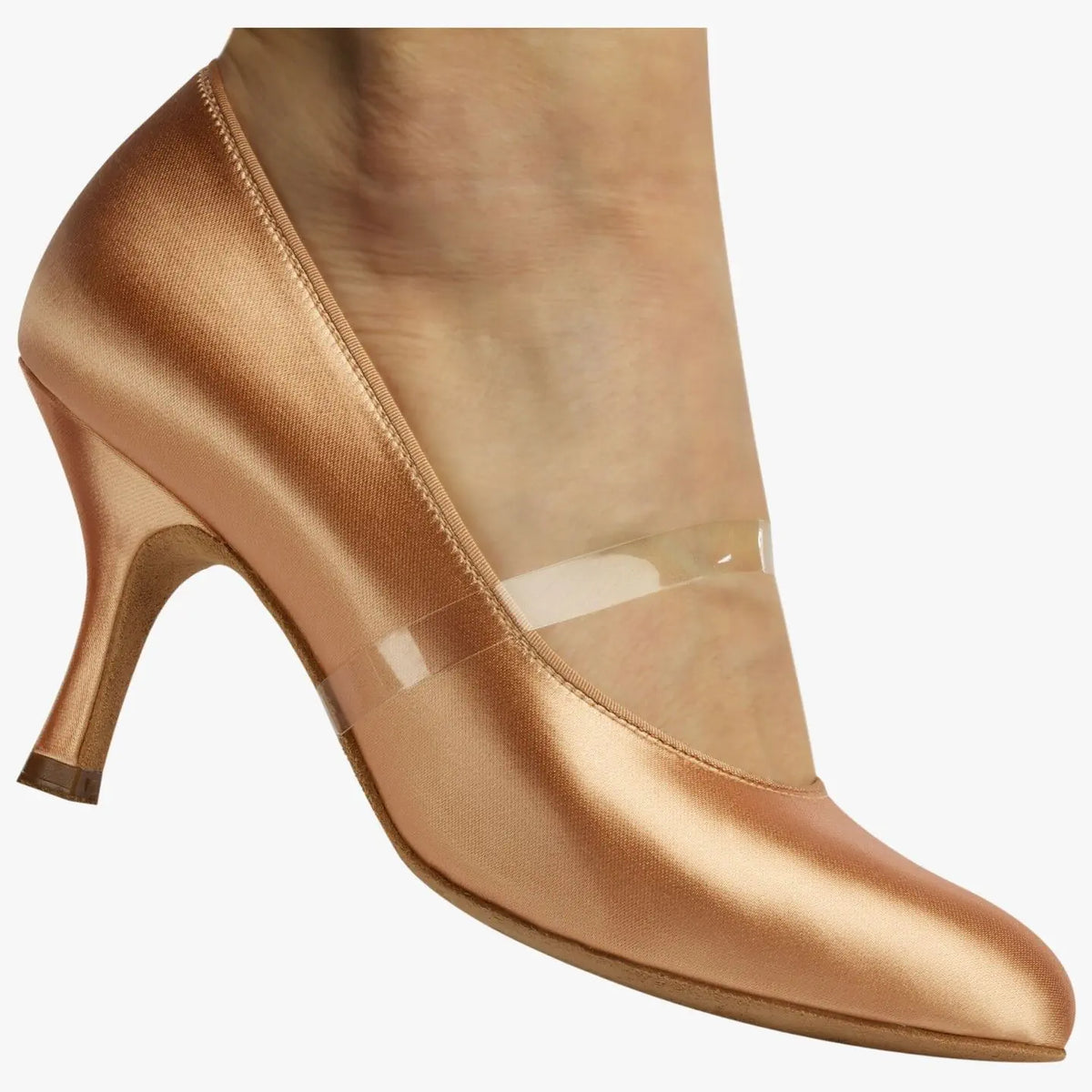 Close-up of a clear silicone foot strap securing a women's ballroom dance shoe