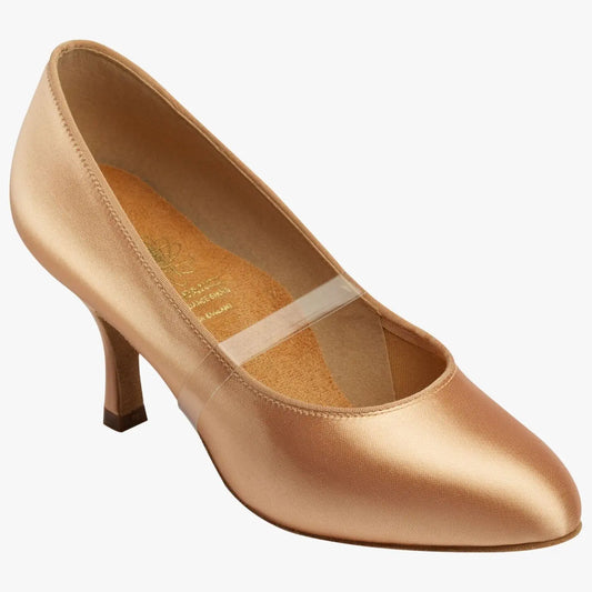 Clear silicone foot strap fitted around a women's ballroom dance shoe