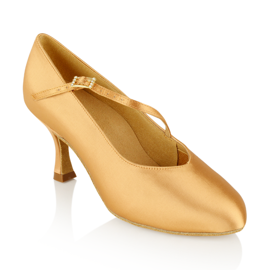 Ray Rose 116 Rockslide flesh satin women's ballroom dance shoe, front three-quarter view