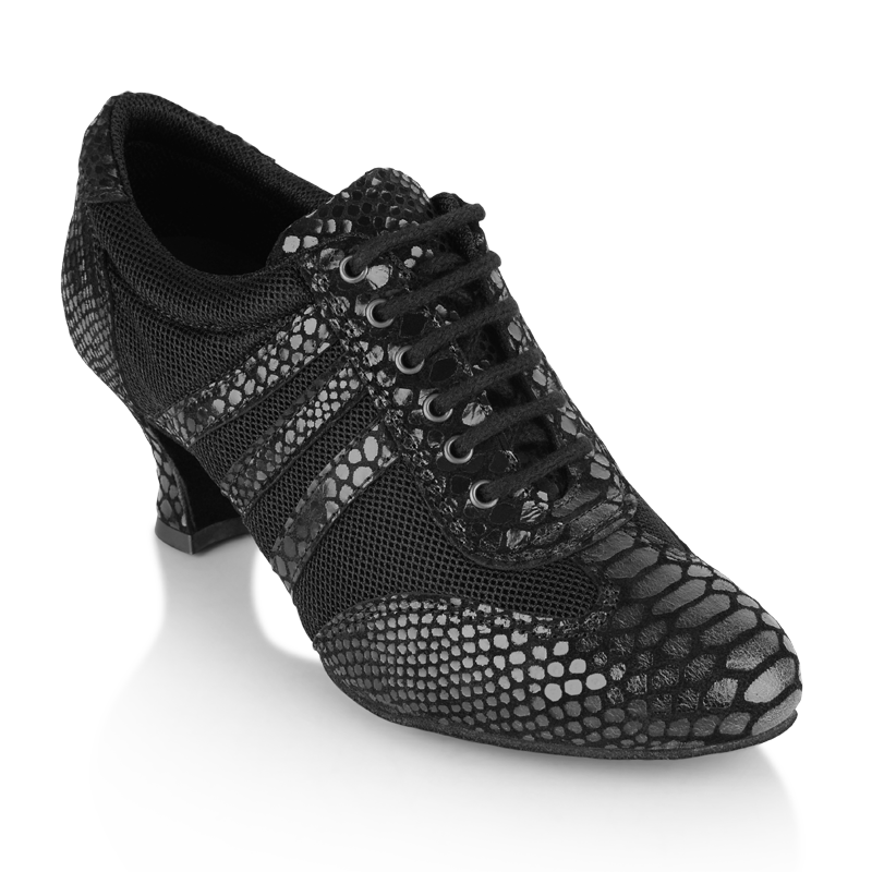 Ray Rose 418 Tiber black croc leather and mesh women's practice dance shoe, front three-quarter view