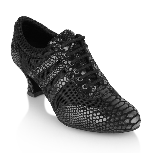 Ray Rose 418 Tiber black croc leather and mesh women's practice dance shoe, front three-quarter view