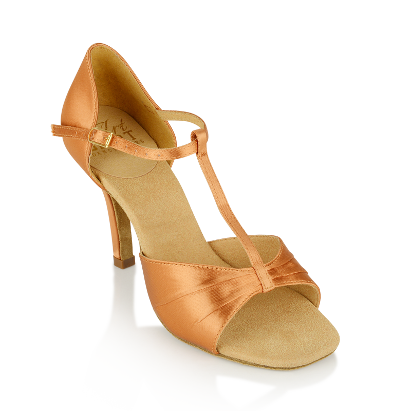 Ray Rose 814 Frost light tan satin women's Latin dance shoe, front three-quarter view
