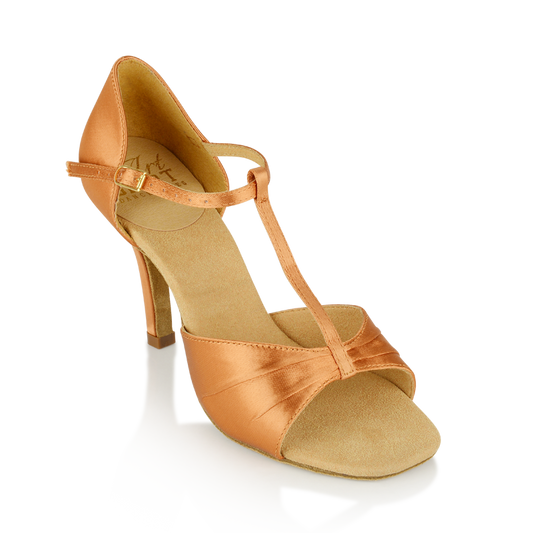 Ray Rose 814 Frost light tan satin women's Latin dance shoe, front three-quarter view