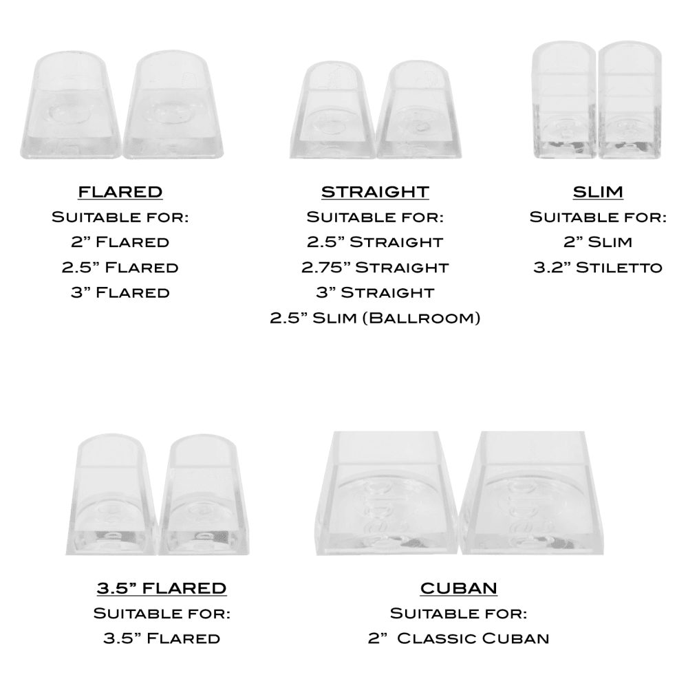 Ray Rose heel protector shape guide for flared, straight, slim and Cuban dance-shoe heels