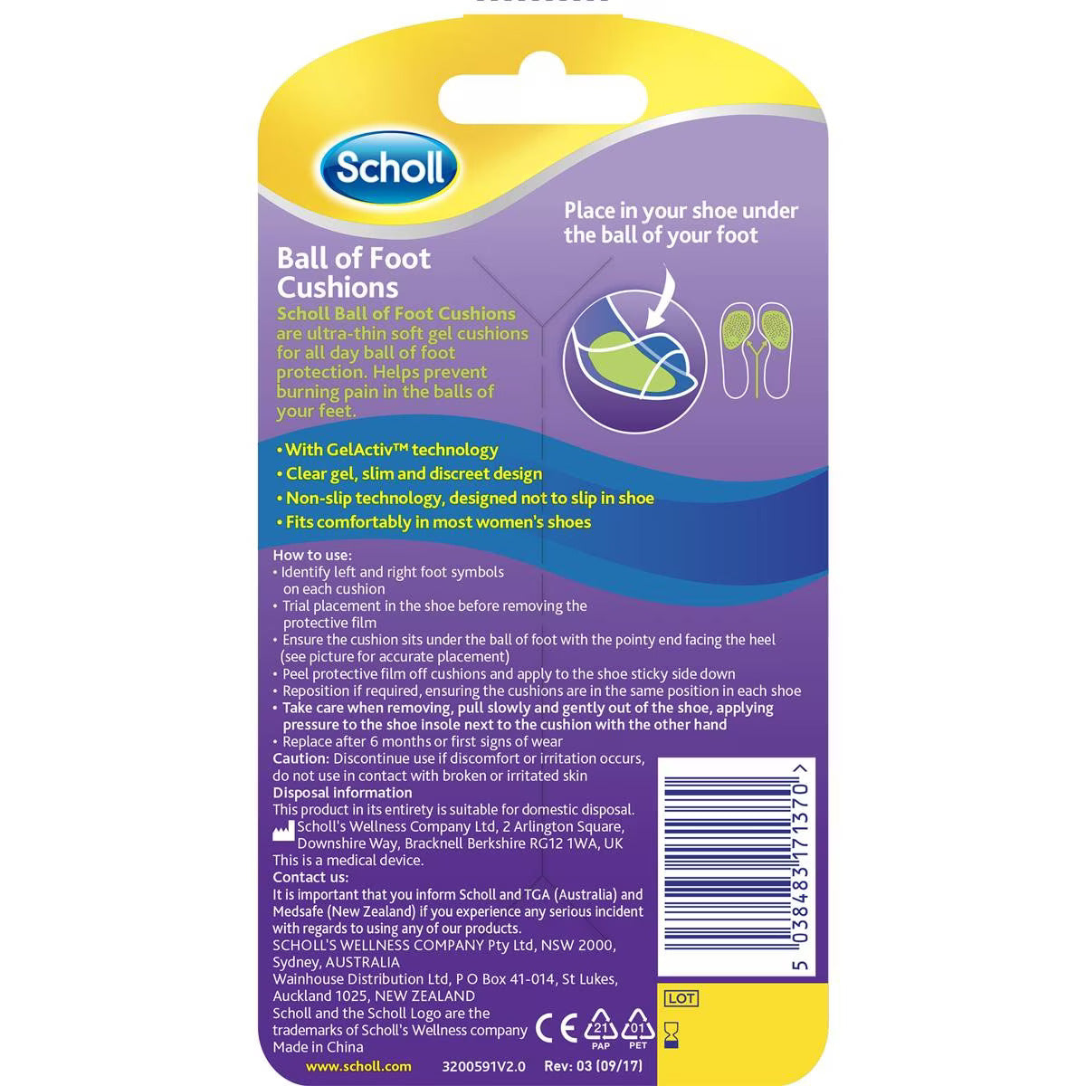 Back packaging and directions for Scholl Party Feet ball-of-foot gel cushions