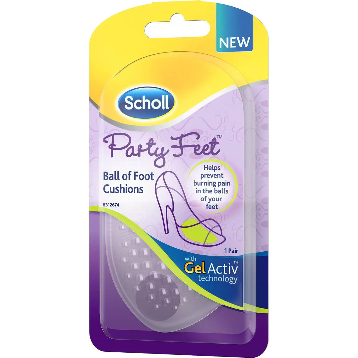 Front packaging of Scholl Party Feet ball-of-foot gel cushions