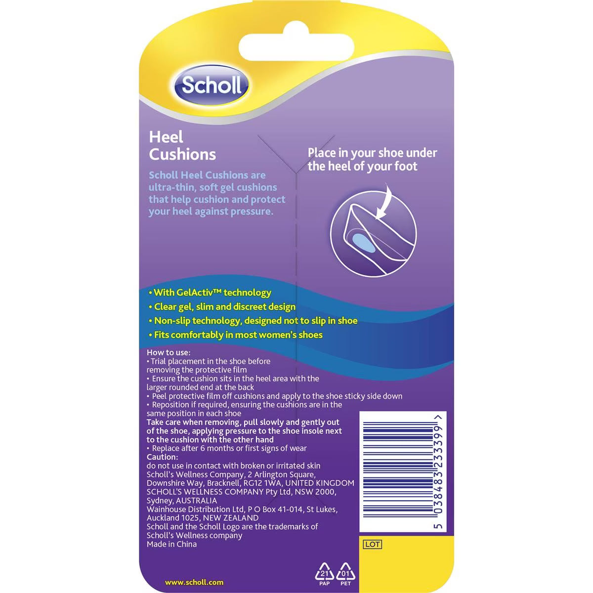 Back packaging and directions for Scholl Party Feet gel heel cushions