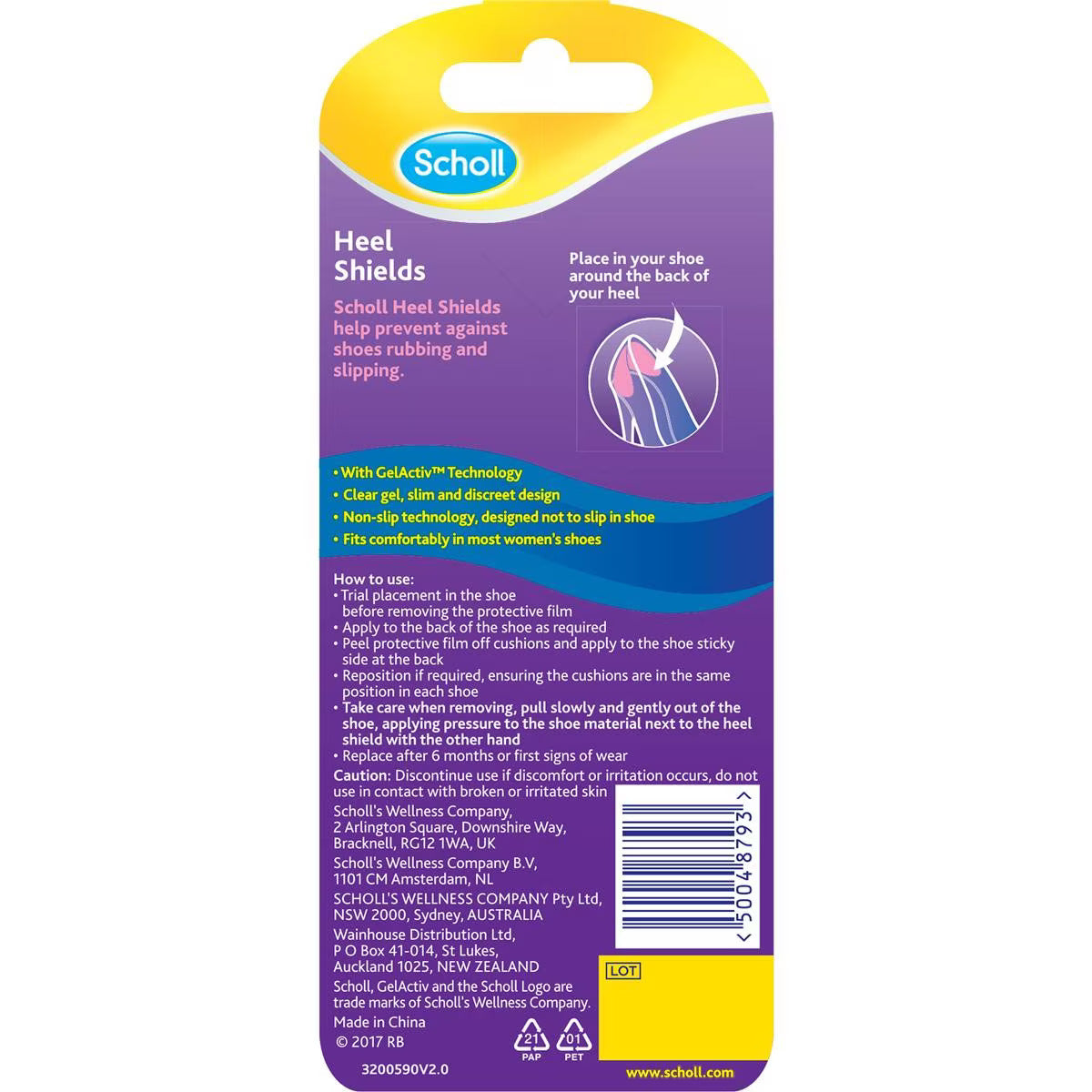 Back packaging and directions for Scholl Party Feet invisible gel heel shields